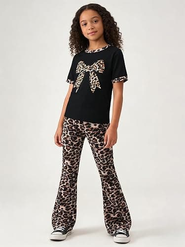 HSOXLQF Tween Girls Clothes 2 Piece Outfits Bow Short Sleeve Tops and Leopard Print Flare Pants Summer Set thumbnail 2