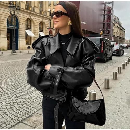 THLAI Womens PU Leather Jacket Long Sleeve Retro Collar Motorcycle Jacket Casual Coat thumbnail 2