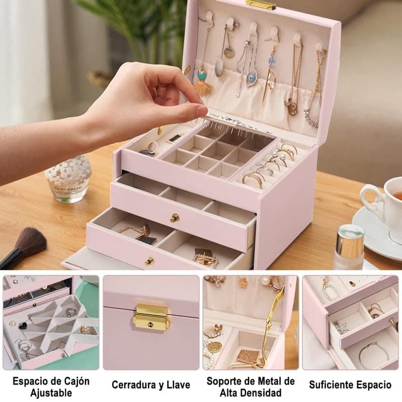 Caja de Almacenamiento, E T EASYTAO Cubo de Organizador con Cerradura, Caja de Almacenamiento de Cuero para Anillos, Pendientes, Collares, Pulseras, Etc, Perfecto Regalo para Mujeres (Rosa) thumbnail 4