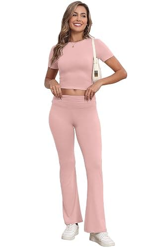 IWOLLENCE Loungewear Sets for Women UK Two Piece Outfit Short Sleeve Crop Top and High Elastic Waist Wide Leg Trousers Co Ord Set - Pink - S thumbnail 4