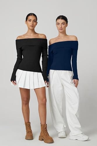 QINSEN Cotton Off The Shoulder Sweater for Women Long Sleeve Ribbed Knit Pullover Sweater Slim Fit Going Out Tops thumbnail 6