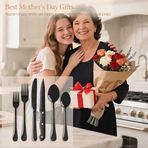 Astercook 24-Piece Black Silverware Set with Steak Knives Flatware Set for 4 Food-Grade Stainless Steel Cutlery Set Mirror Polished Utensils Set Include Spoons and Forks for Home Gifts for Women thumbnail 4