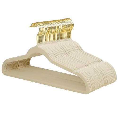 ManGotree Velvet Coat Hangers with 360° Swivel Gold Hook, Non-Slip Felt Suit Hangers, Slim Space Saving Clothes Hanger for Jacket, Sweater, Shirt, Dress, Pants (36 Pack, Beige) - Image 1