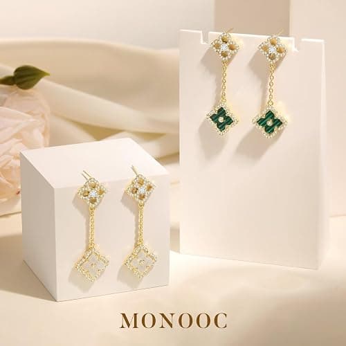 MONOOC Mothers Day Gifts - Clover Dangle Earrings for Women Dangle Stud Earrings 14K-Gold-Plated Lucky Four Leaf Clover Earring for Woman Jewelry Lucky Birthday Mothers Day Gift for Mom Wife Her thumbnail 6