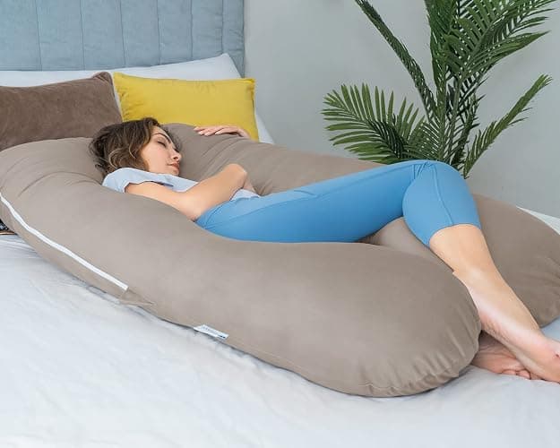 QUEEN ROSE Cooling Pillows, Pillow for Sleeping, 55in U Shaped Body Pillow for Pregnant Support, with Removable Silky Cover, Beige thumbnail 5