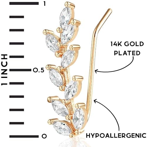 14K Gold or 925 Sterling Silver Plated Ear Crawler Earrings for Women - Crystal Leaf Ear Climber Earrings - Hypoallergenic, Safe for Sensitive Ears thumbnail 3
