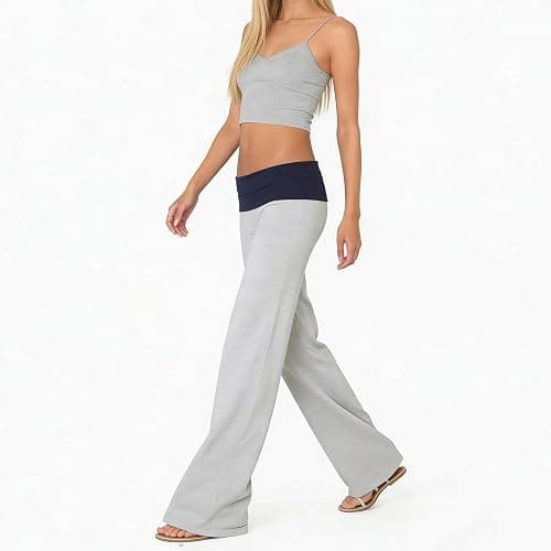 FOMOYUU Women's Fold Over Lounge Pants Low Rise Wide Leg Yoga Sweatpants Stretchy Bell Bottoms Leggings Roll Over Pants thumbnail 4