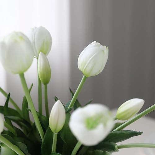 LINSIE 15 Pcs White Artificial Flowers Tulips Real Touch Latex Plastic Soft Faux Bouquets for Party, Wedding, Home, Room, Garden Decor thumbnail 4