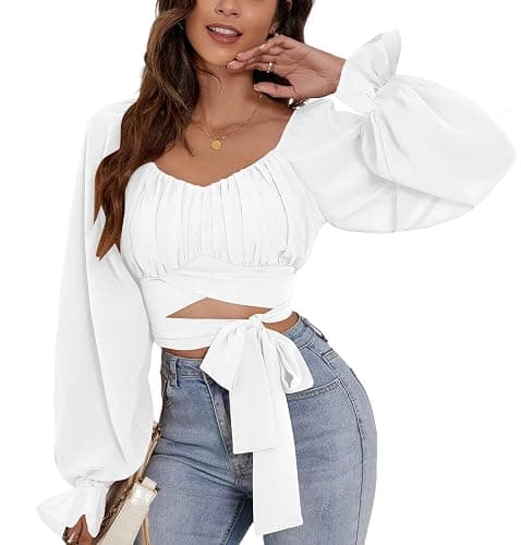 Rooscier Women's Ruched Wrap Square Neck Flounce Long Sleeve Self Tie Crop Top Blouse thumbnail 3