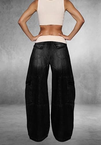 Unybwonn Women Baggy Cargo Jeans High Waist Patchwork Trendy Vintage Denim Pants Wide Leg Distressed Jeans with Pockets thumbnail 6