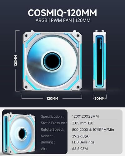 AsiaHorse COSMIQ 120mm PC Case Fan, Infinity Mirror FDB 2000 RPM with 5V 3-PIN Connector and Small Controller, Daisy Chain PWM PC RGB Fans for Cases CPU Liquid Coolers, White, Reverse Fan thumbnail 10