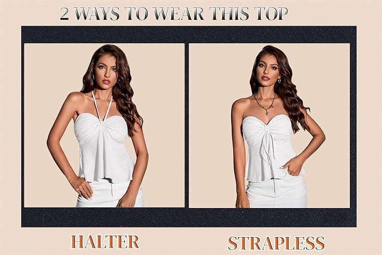 Milumia Women Tie Front Ruched Tube Top Strapless Flared Hem Peplum Bandeau Tops - Small - White thumbnail 3