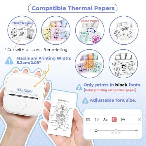 Mini Printer - T02 Bluetooth Inkless Instant Photo Printer, Small Thermal Pocket Sticker Printer, Portable Mobile Phone Picture Printer, for Students, Gift, Receipts, White (Bunny Case Not Included) - White - 1 Printer + 1 Roll Paper thumbnail 7