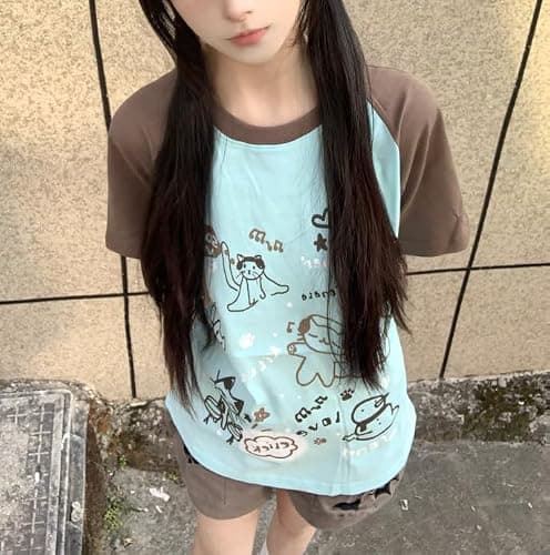 Women's Kawaii Cat Print T-Shirts Cartoon Letter Japan Style Kitten Short Sleeve Cute Print Tops Sweet Girl Y2k Tee Tops thumbnail 4