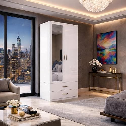 Harmin White Gloss Mirrorred 2 Door Soft close wardrobe with 2 drawers - height 180 cm x width 76 cm x depth 47 cm - Image 1