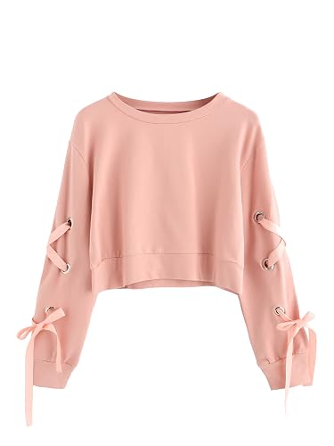 SweatyRocks Women's Casual Lace Up Long Sleeve Pullover Crop Top Sweatshirt - Image 1