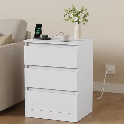 Draelibor Nightstands Set of 2 with Charging Station and Drawer, White | Bedside Tables with 3 Drawers, Modern End Tables for Bedroom, 2 AC Outlets and 2 USB Ports, 15.7" W x 13" D x 21.7" H thumbnail 2