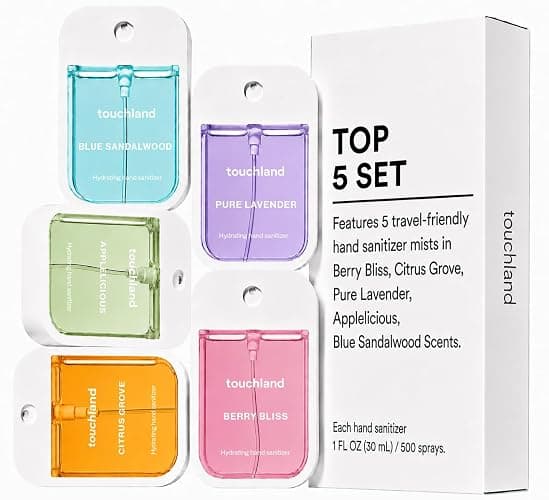 Touchland Top 5 Hydrating Hand Sanitizer Spray Set Travel Size | TSA ready Power Mist with skincare benefits. Applelicious, Berry Bliss, Blue Sandalwood, Citrus Grove and Pure Lavender thumbnail 3