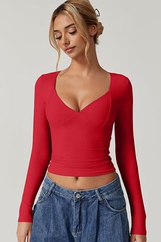 QINSEN Women's Long Sleeve V Neck T Shirts Double Lined Crop Top Seamed Cup Going Out Tops thumbnail 3