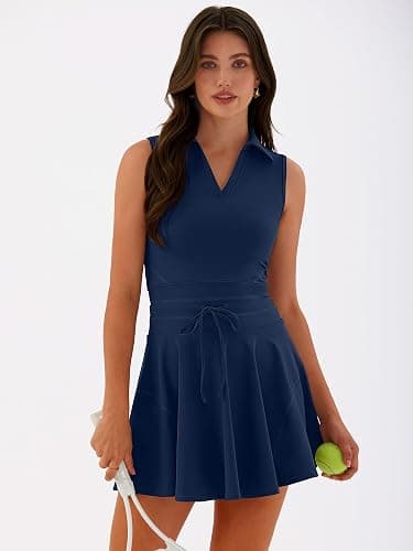 Caracilia Women's 2 Piece Tennis Dress Set-Polo Neck Sleeveless Mini Dresses with Shorts,Golf Casual Workout Athletic Sports thumbnail 2