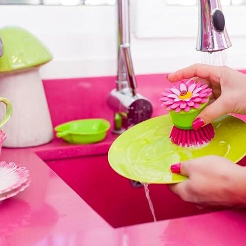 Vigar Flower Power Palm Dish Scrub Brush with Holder - Pink, Green | Kitchen Brushes for Dishes, Sink Brush, Cleaning Brushes for Household Use thumbnail 2