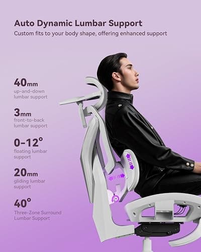 AutoFull G7 Ergonomic Gaming Chair Office Chair, 3-Zone Dynamic Lumbar Support, 360° Armrests, CloudTech Mesh, 140° Recline, Footrest, Detachable Back Armor, Desk Chair for Office & Gaming, White thumbnail 3