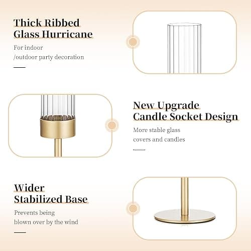 Gold Hurricane Taper Candle Holders: Glasseam 3Pcs Brass Candlestick Holders with Ribbed Glass Cylinder Cover Fluted Tall Candle Sticks Holder Decor for Table Centerpiece Wedding Christmas Decorations thumbnail 7
