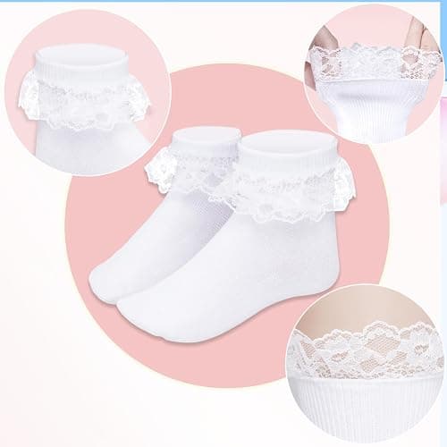 Pistha 3 Pairs Girls Ruffle Socks White Ruffled Lace Socks for Girls Toddler Frilly Dress thumbnail 5