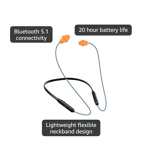 HomeSpot Noise Reduction Wireless Neckband Headphones with Qualcomm aptX HD, 27dB NRR, CVC Noise Cancelling Mic & Controls and 20H Playtime for Work Safety OSHA Compliant - Blue Wire Orange Earbuds thumbnail 4