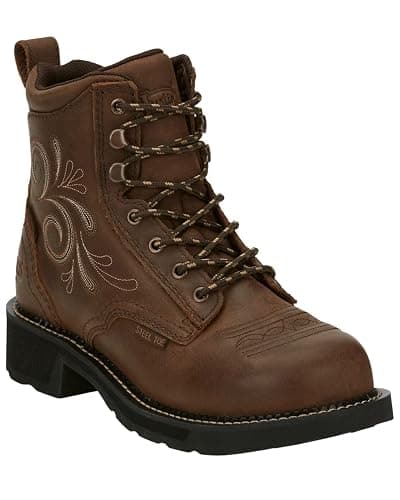 Justin Katerina 6" Steel Toe Waterproof Work Boot - Women's Lace-Up, Floral Stitch, J-Flex Comfort, Durable Leather Exterior - Image 1