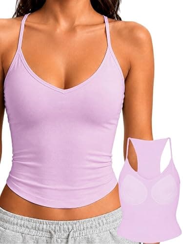 Danysu Padded Tank Tops for Women Double Line V Neck Racerback Camisole | No See Through, Sewn‑in Padded, Fitted Stretchy, Spaghetti Strap, Seamless, Crop Length, Y2K, Yoga, Casual, Summer Cami Tops - Image 1