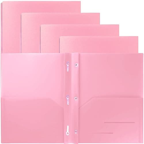 Youngever 6 Pack Heavy Duty Plastic Two Pocket Folders with 3 Prongs, Metal Prongs Fastener, Heavy Duty Plastic 2 Pocket Folder (Pink) - Pink