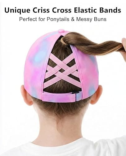 New Updated Little Girls Criss Cross Ponytail Hat Reflective Baseball Cap Waterproof Quick Dry Sports Hats for Kids Age 3-8 thumbnail 4