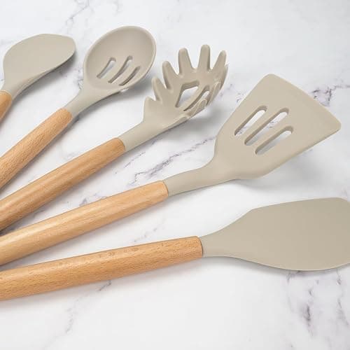 FIOUSY Kitchen Utensil Set, 12 PCS Silicone Cooking Utensils Set with Wooden Handle, Heat Resistant, Nonstick Cookware Tongs Spatula Spoon Set, Dishwasher Safe, Best Kitchen Tools (Khaki) thumbnail 7