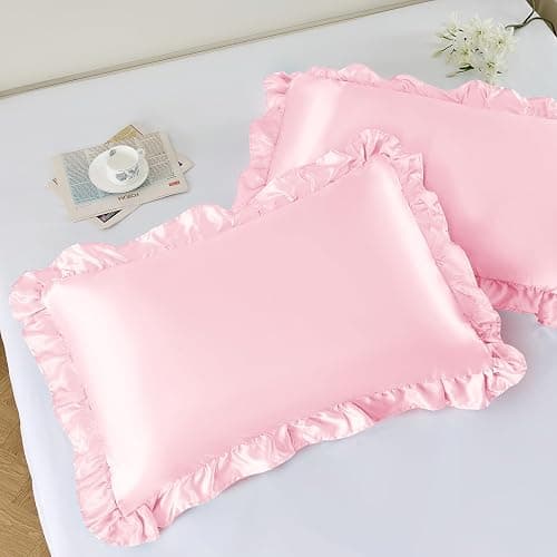 NSGZ Ruffled Satin Pillowcase Set of 2, Standard Size Silky Pillow Shams for Hair and Skin Care, Pink Satin Pillow Covers with Envelope Closure, Anti Wrinkle Pillow Cases for Princess Room Decor thumbnail 2