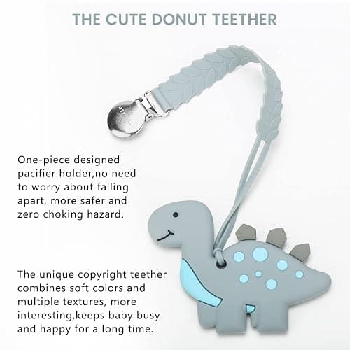 Teething Toys for Babies, Baby Teethers with Clip Silicone Baby Teether Toys for Boys and Girls Infant Teething Relief for Teething Dinosaur Shape, Gray thumbnail 2
