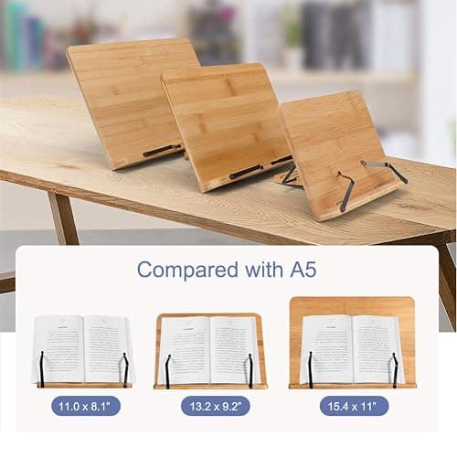 wishacc Bamboo Book Stand for Reading, 13.2" x 9.2" Premium Wooden Cookbook Holder and Recipe Stand for Kitchen Counter, Foldable Adjustable Desk Easel with 5 Angles for Textbooks, Sheet Music, Tablet thumbnail 4