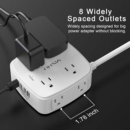 6 Ft Surge Protector Power Strip - 8 Widely Outlets with 4 USB Ports, 3 Side Outlet Extender with 6 Feet Extension Cord, Flat Plug, Wall Mount, Desk USB Charging Station, ETL,White thumbnail 3