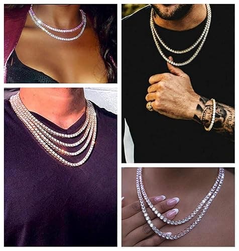 HH BLING EMPIRE Gold Silver Iced Out Diamond Tennis Chain Necklace for Men Women, Rhinestone Tennis Necklaces for Women and Teens, Tennis and Cuban Link Chains 18-30 Inches thumbnail 2