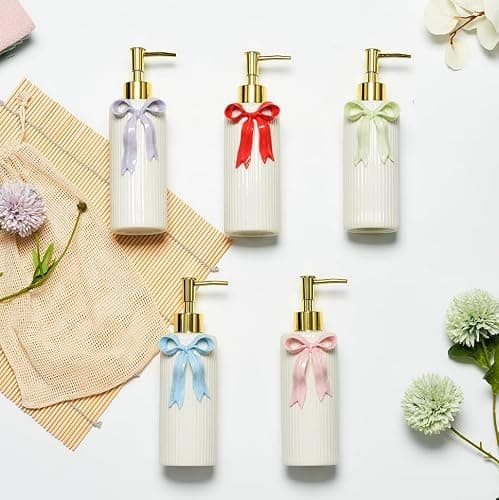 NEWHENGS Handmade Ceramic Bow Soap Pump Dispenser Hand Lotion Liquid Dispenser Refillable for Kitchen and Bathroom Decorative (Ribbon Pink) thumbnail 7