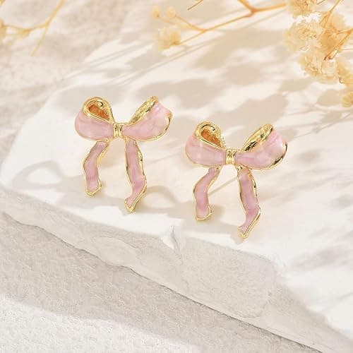 Pink Bow Earrings for Women Cute Bow Ribbon Stud Earrings Trendy Christmas Jewelry for Women thumbnail 5