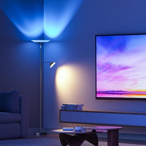 SIBRILLE RGB Torchiere Floor Lamp - 2 Way Dimmable LED Standing Lamp with Remote&Button Control, 30W Rotatable Floor Reading Light, 72'' Tall Modern Corner Lamp for Living Room Bedroom Office thumbnail 6