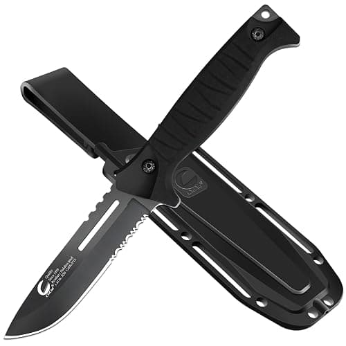 CuCut Full Tang Fixed Blade Knife with Sheath - 4-inch Carbon Steel Blade, Black Non-Stick Finish with Serrated Edge, PP Handle Camping Knife for Outdoor, Survival, Hiking - Image 1