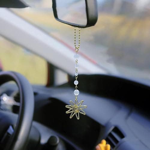 Sun Hanging Car Charm,Green and Gold Rear View Mirror Accessories Cute Boho Dangling Sun Car Decor Handmade Healing Crystals Stones Ornament Gifts for Women Men (Clear) thumbnail 4