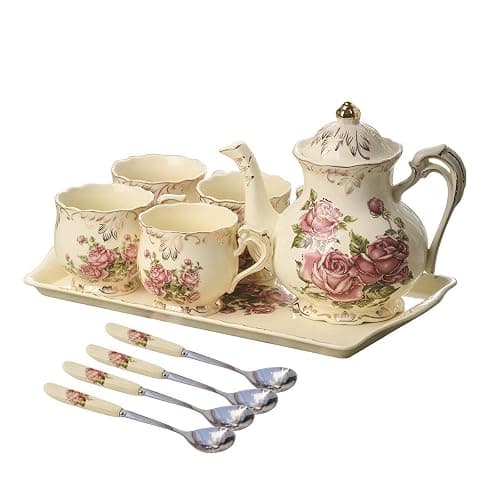 YOLIFE Porcelain Tea Set Vintage Rose, Tea Cups with Teapot, Serving Tray and Teaspoon Service for 4, Suitable for Tea Party Gifts thumbnail 7