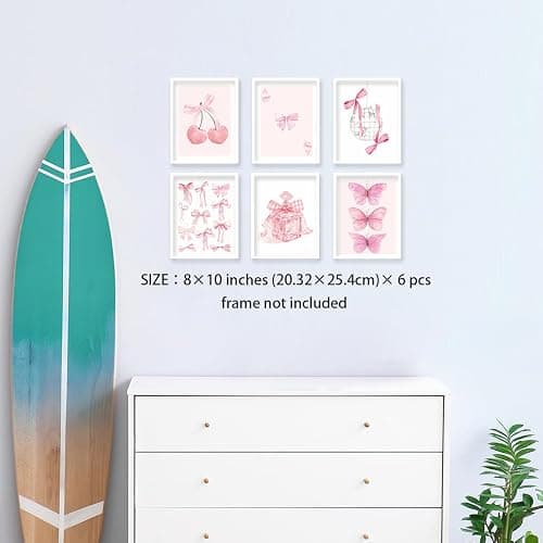 HNNXAR Coquette Trendy Preppy Poster Wall Art Set Of 6 Pink Bow Cherry Disco Ball Butterfly Canvas Picture Prints Decor Aesthetic For Girls Room College Dorm Apartment Bedroom 8x10 Unframed thumbnail 3