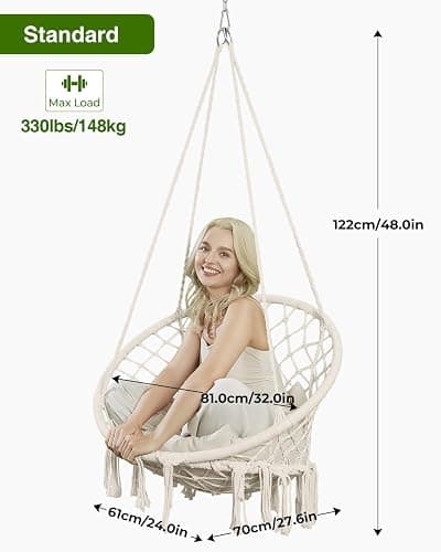 Greenstell Hammock Chair, Macrame Swing Chair with Comfy Cushion, Boho Hanging Chair for Outdoor & Indoor, Perfect for Bedroom, Patio, Balcony, Hold up to 330Lbs, Beige thumbnail 3