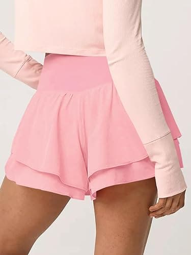 Fisoew Womens High Waisted Athletic Shorts Ruffle Tiered Running Workout Tennis Shorts with Build in Shorts thumbnail 4
