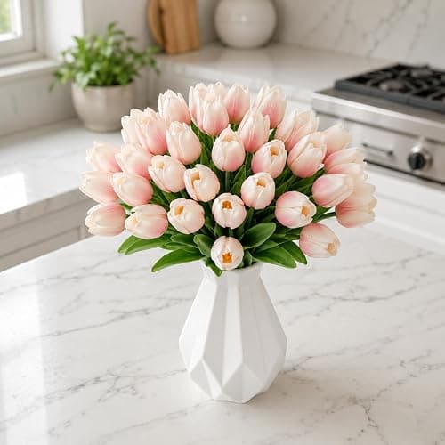 20 PCS Light Pink Artificial Tulips Flowers, 13.4" Lifelike PU Fake Tulips for Outdoors & Indoors, Faux Flowers with Real Touch Texture for Easter Decorations, Home, Living Room and Spring Decor. thumbnail 3