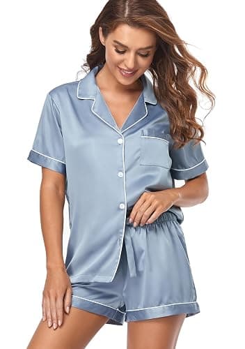 Serenedelicacy Women's Satin Pajama Set 2-Piece Sleepwear Loungewear Button Down Short Sleeve Silky PJ Set thumbnail 4